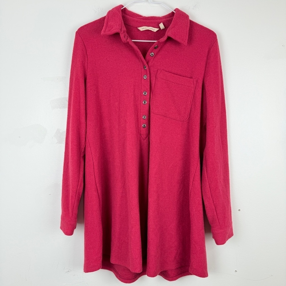 Soft Surroundings Fuchsia Fleece Knit Collared Henley Tunic Cozy Pink Loungewear